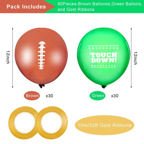 Skylety 60 Pieces 12inch Football Latex Balloons Sports Green Brown Field Football Themed Party Mini Decorations and 2 Gold Balloons Ribbon for Tailgate Game Day Gift Football Supplies Birthday Party