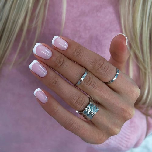BABALAL Press on Nails Short Fake Nails Square Glue on Nails Pink Glossy Acrylic Nails Squoval White French Stick on Nails 24Pcs