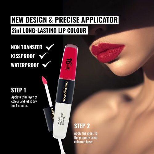 Dermacol NEW 16-Hour Lip Colour, Highly Pigmented Glossy Lip Stain, Two-Phase Lip Plumper Gloss, Kissproof Lip Makeup Products with Matte and Glitter Finish, n.4, Revenge Red