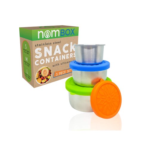 NomBox Stainless Steel Food Storage Containers – Set of 3 Kitchen Lunch/Snack Containers With Leak-proof Silicone Lids – Reusable & Washable – For Portion Control, Food Prep & Storing