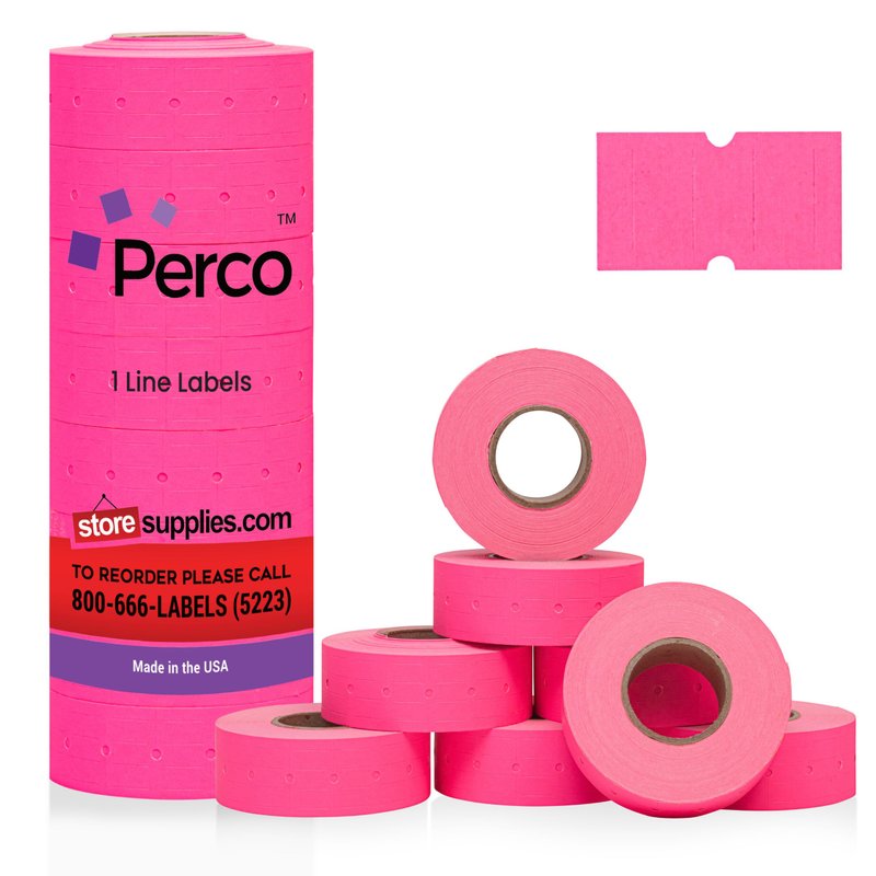 Perco 1 Line Fluorescent Pink Labels - 8 Rolls, 1 Sleeve, 8,000 Blank ...