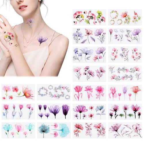20 Sheets Temporary Tattoos Adult Women, Floral Temporary Tattoos Flower Tattoos Temporary Realistic Fake Tattoos Flower Temporary Fake Tattoo Stickers Waterproof Tattoo Stickers for Arm Hand Neck