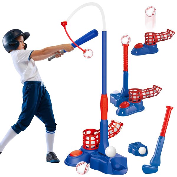 4 in 1 T Ball Golf Set for Kids, Baseball Tee Pitching Machine Game Set with Hanging Tee/Standing Tee/Automatic Launcher/Golf & 6 Softballs, Is Indoor Outdoor Sport Toy Gift for 3-9 Year Old Boy Girl