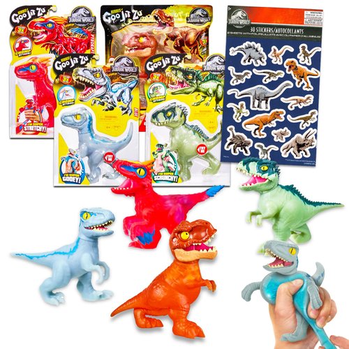 Jurassic World Goo JIT Zu Stretch Action Figure for Kids Set - Includes 4 Stretchable Jurassic World Dinosaur Figures & More | Jurassic World Dinosaur Toy Bundle