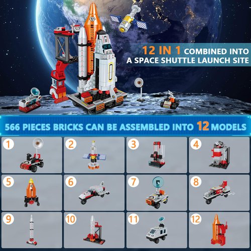 WEMEMORN Space Exploration Shuttle Rocket Toys for 6 7 8 9 10 11 12 Year Old Boys Kids, 12-in-1 STEM Aerospace Building Blocks Kit Toys, Ideal Birthday for Aged 6-12 Year Old Boys (566Pieces)