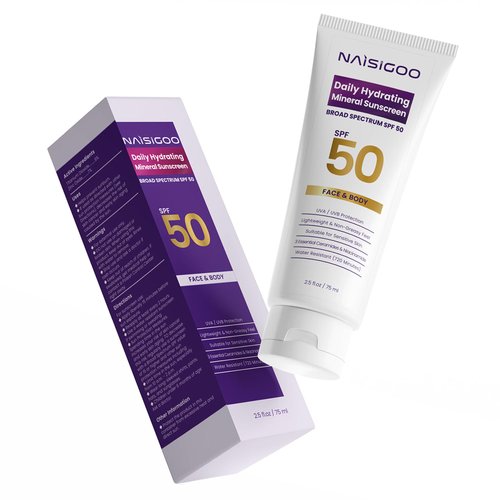 NAISIGOO Mineral Sunscreen SPF 50 - Reef Safe Face Body Sunscreen with Zinc Oxide & Titanium Dioxide, UVA/UVB Protection, Travel Natural Organic Hydrating Sunscreen for Sensitive Skin, 2.5 fl. oz