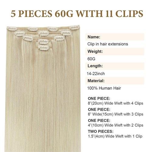 Remy Hair Extensions Clip in Human Hair Platinum Blonde Invisible Double Weft Long Brazilian Clip on Real Human Hair Extensions Straight Natural Clip ins Hair for Women 18 Inch 60G 5 PCS