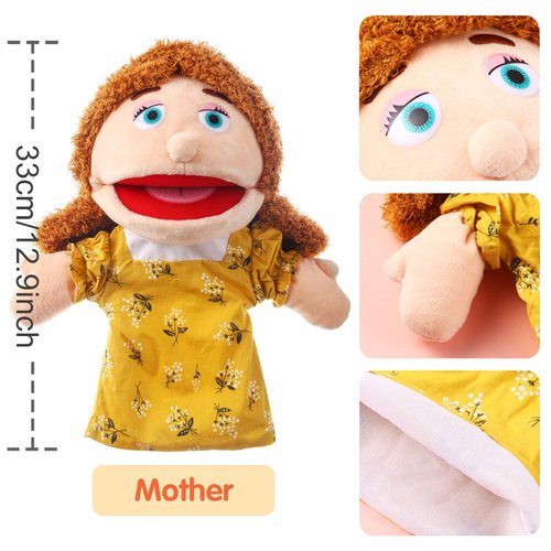 1 Pcs Family Hand Puppets 12 Inch Grandparents, Mom & Dad, Brother & Sister Plush Hand Puppet Toys Role-Play Toy Puppets for Kids Storytelling Imaginative Pretend Play Teaching Preschool(Mom)