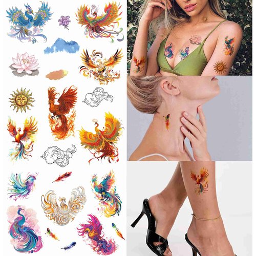 Tattoonova 18 Sheets Temporary Tattoo Women Birds Party Favors Phoenixes Body Sleeve Face Lotus Fake Tattoos