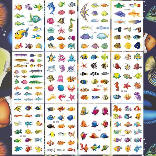 Ooopsiun Ocean Animals Temporary Tattoos for Kids - 12 Sheets Ocean Fish Birthday Party Decorations Supplies Favors for Boys Girls