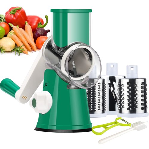 Ourokhome Rotary Cheese Grater Hand Crank, Kitchen Shredder Speed Mandolin Slicer Nut Grinder with Handle and Drum Blades for Cheese, Vegetable, Walnut, Chocolate, Potato, Carrot, 3 Blades, Emerald
