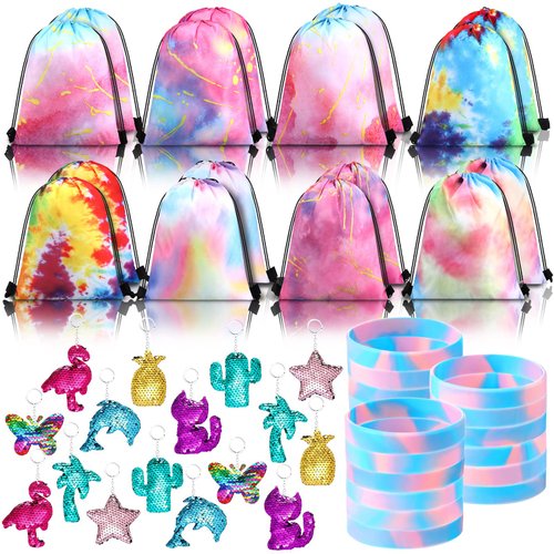 Hungdao 48 Pcs Tie Dye Party Favors 16 Tie Dye Party Drawstring Bags Goodie Bag 16 Tie Dye Wristbands 16 Tie Dye Keychains for Birthday Party