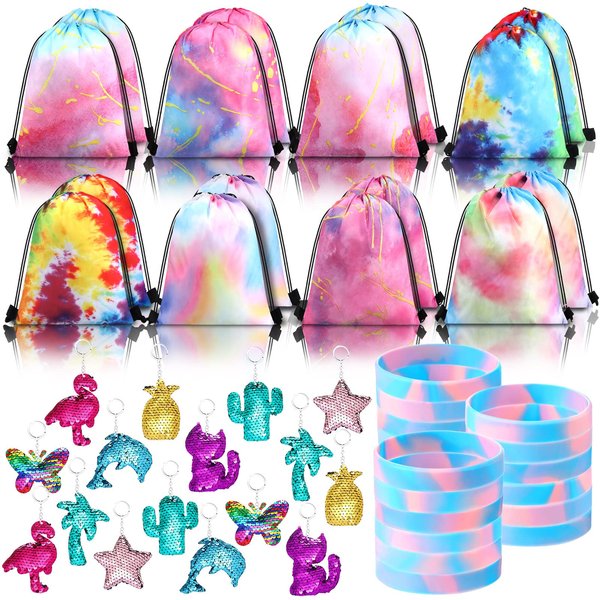 Hungdao 48 Pcs Tie Dye Party Favors 16 Tie Dye Party Drawstring Bags Goodie Bag 16 Tie Dye Wristbands 16 Tie Dye Keychains for Birthday Party