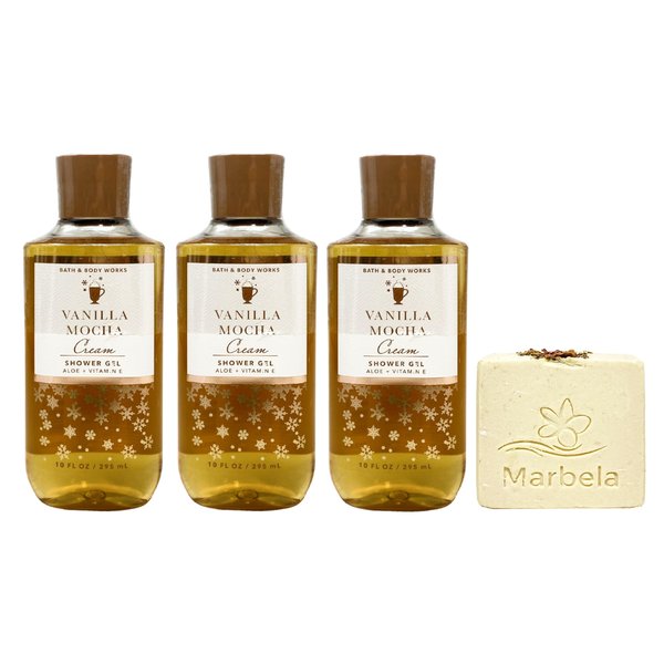 Bath & Body Works Vanilla Mocha Cream 3 Piece Shower Gel Value Pack with a Creamy Rose Bar Soap - Full Size