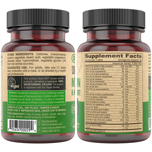DEVA Tiny Tablets Vegan Multivitamins for Women & Men, Multivitamin with Iron, Mineral Supplement, Vitamin C, Vitamin B Complex, Vitamin B12, Vitamin E, Zinc, Gluten Free, 90 Tablets (Pack of 2)