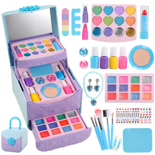 TOKIA 49pcs Big Amount Kids Makeup Kit for Gilrs, Non-Toxic & Safe Pretend Play Makeup for Little Girls, Real Washable Cosmetics with Case, Best Princess Birthday Gifts for Age 3-12 Years Old Toddlers