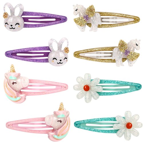Wingchold Girls Flower Snap Hair Clips, 8Pcs Unicorn No Slip Metal Hair Clips, Sparkly Unicorn Hair Accessories for Toddlers Kids, Colorful Rabbit Barrette Hair Pins, Party Birthday Gift Supplies
