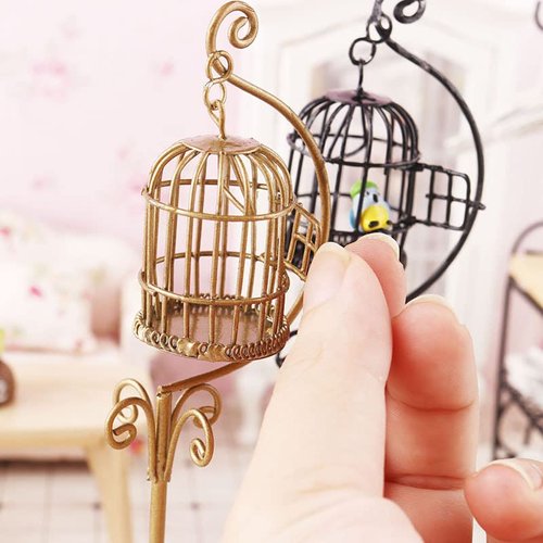 Dollhouse Birdcage 1:12 Scale Accessories Miniature Bird Cage Floor Stand Openable Cage Alloy Birdcage Model Mini House Decoration Ornament (Golden)