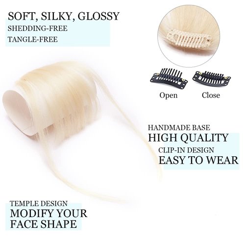 Hairro Clip In Bangs Human Hair Extensions Real Clip On Front Fringe Hairpieces Air Side Bangs With Temple Thin Wispy Curtain Bangs Hair Clip Top Hairpiece For Women 5g #60 Platinum Blonde
