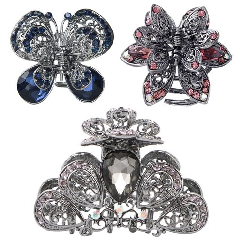 kilofly 3pc Women&#39;s Rhinestone Crystal Faux Hair Clip Claw Barrettes Value Pack