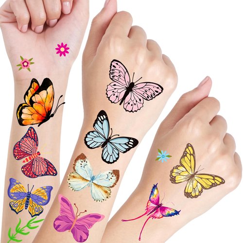 200 Pcs Butterfly Tattoos Temporary for Kids - 20 Sheets | Colorful & Waterproof Fake Tattoo Stickers for Girls | Beautiful Art Face Arm Body Sticker | Birthday Halloween Party Favors & Goodie Bags，