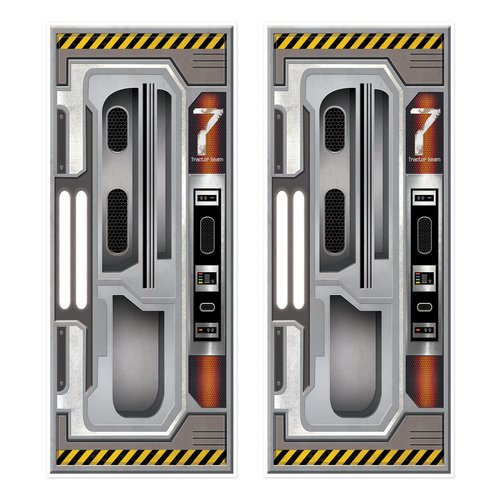 Beistle Set of 2 Plastic Spaceship Door Covers, Decorations for Outer Space Galaxy Alien Theme Birthday, Futuristic Party Supplies & Wall Decor, 6' x 30"