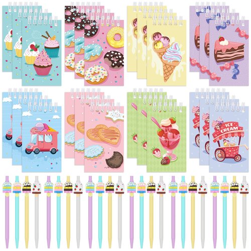 Fulmoon 48 Pcs Ice Cream Party Favors Mini Ice Cream Spiral Notepads with Summer Sweet Gel Cute Donut Pens Prizes Piñata Bag Fillers Gifts for Kids Birthday School Teacher Classroom Rewards Supplies