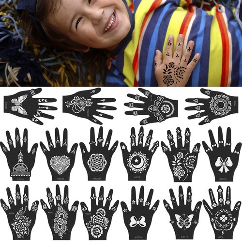 XMASIR 16 Sheets Halloween Henna Tattoo Stencils, Hand Temporary Tattoo Template Kids Christmas Flower Butterfly Realistic Tattoo Stickers for Girls Boys Birthday Party (Black)