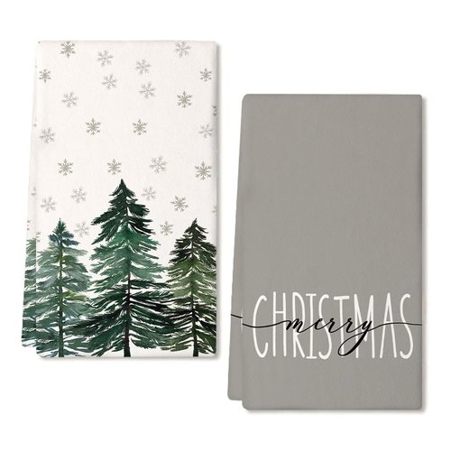 ARKENY Christmas Dish Towels for Christmas Decor Green Xmas Tree Kitchen Towels 18x26 Inch Noel Grey Snowflake Washcloths Seasonal Merry Christmas Hand Towel for Bathroom Set of 2 AD016