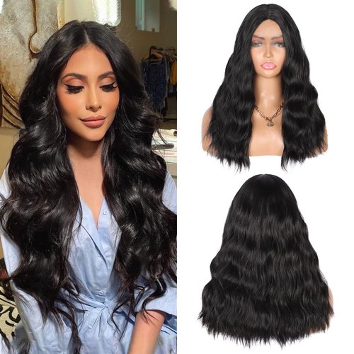 Youthfee 20" Synthetic Lace Front Wigs for Women Curly Boby Wavy Wig Black Middle Part Wig Cosplay Party Wigs