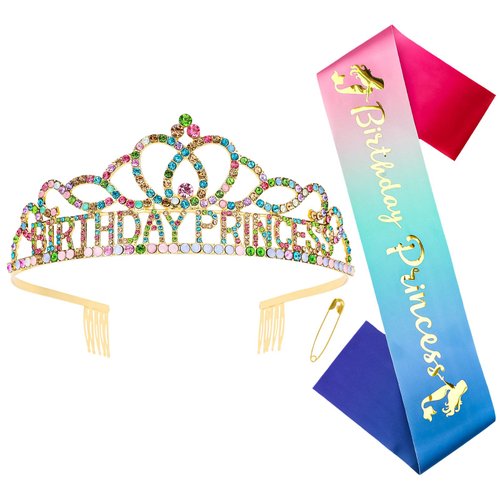 CIEHER Multi-colored Birthday Princess Crown & Birthday Sash for Women Girls, Princess Birthday Decorations Party Favors, Great Birthday Gifts Birthday Crown and Sash, Birthday Sash for Women Girls