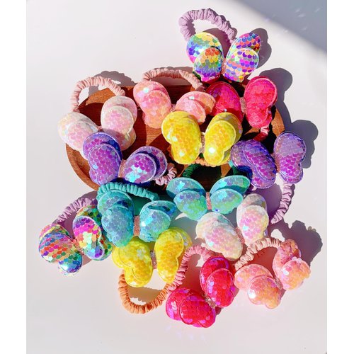 Lemeilleur 14 Pcs Sequined Butterfly Hair Ties Bow Hair Ties Elastic Rubber Bands Hair Scrunchies for Toddlers Girls Rainbow Sequin Sparkle Ponytail Holders Hair Accessories