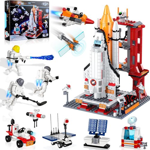 EXCOUP Space Exploration Shuttle Toys, 12-in-1 STEM Aerospace Building Kit Toy, Rocket Building Kit Toy with Launcher, Astronauts, Airplane Rocket, Gift for 6 7 8 9 10 11 12+ Years Old, 855 Pcs