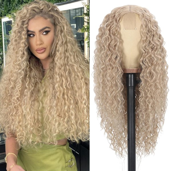 Long Blonde Curly Wigs for Women Synthetic Curly Hair Wigs Natural Looking Middle Part Heat Resistant Fibre Wig for Daily Party Use