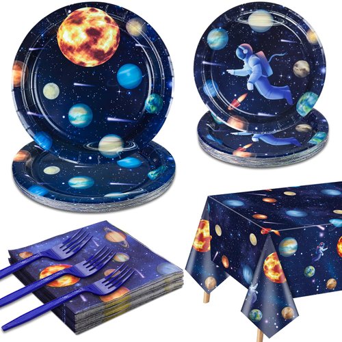 Outer Space Party Supplies for 20 Guests, Include Astronaut Planet Paper Plates, Napkins, Forks, Outer Solar System Tablecloth for Kids Birthday Party Solar System Theme Party Decorations