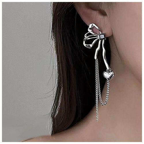 Sttiafay Vintage Butterfly Dangle Earrings Long Butterfly Chain Tassel Earrings Silver Puffy Heart Drop Earrings Black Onyx Butterfly Earrings Jewelry for Women