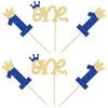Ephlyn 24Pcs 1st Birthday Cupcake Toppers Glitter Crown One Cake Topper Decorations First Birthday Cake Decorations for Baby Shower 1st Birthday Party Supplies Blue Gold