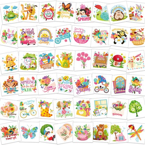 HOWAF 96pcs Spring Easter Tattoos, Hello Spring Temporary Tattoos for Spring Party Supplies, Spring Flower Tattoos Spring Butterfly Tattoos for Kids, Spring Summer Decoration Face Tattoos