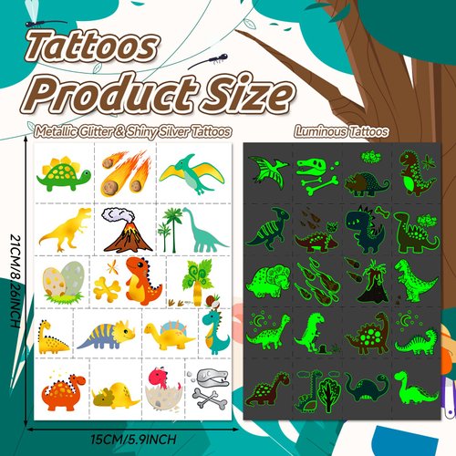 EMOME Glow + Metallic Temporary Tattoos for kids, Waterproof Pre-cut Tattoo Stickers, Birthday Girl Boy Party Favors Supplies Accessories (Dinosaur)