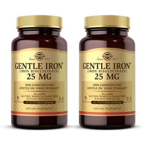 Solgar Gentle Iron (Iron Bisglycinate) 25 mg - 180 Vegetable Capsules, Pack of 2 - Non-Constipating, Gentle on Your Stomach - Non-GMO, Gluten Free - 360 Total Servings
