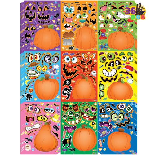 JOYIN 36 PCS Halloween Pumpkin Stickers, Halloween Party Favor for Kids, Art Crafts Party Supplies, Pumpkin Decorating Face Sticker Sheets with 9 Designs, Halloween Goodies Classroom Activities Games