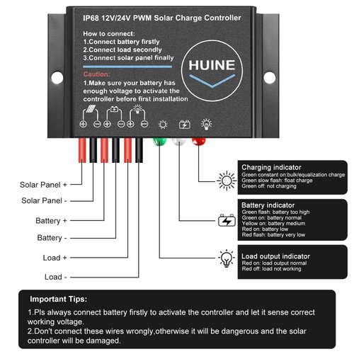 HUINE 20A 12V 24V Auto IP68 Waterproof PWM Solar Charge Controller Solar Panel Battery Intelligent Regulator for Solar System Caravan Boat(24 Hours Working Mode)