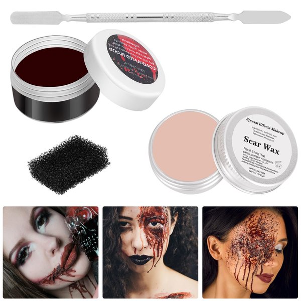 3pcs Halloween SFX Special Effects Makeup Kit,Scar Wax Fake Scar Modeling Wax for Fake Scar and Wound with Spatula Costume SFX Makeup with Sponge&Spatula