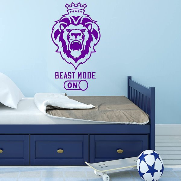 VWAQ Lion Beast Mode On Wall Decal Inspirational Attitude Quote Motivational Wall Art Stickers (30" H X 17" W, Purple)