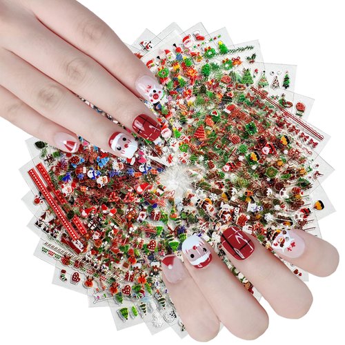30 Sheets Christmas Nail Art Stickers Colorful Snowflake Nail Decals Santa Claus Tree Glitte Christmas Nail Stickers for Nails Art Design 3D Self Adhesive Snowman Deer Nail Supplies Charm for Women