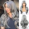 Mayouda Long Omber Grey Butterfly Haircut Layered Wig With Curtain Bangs For Women Long Silver Grey Layered Straight Wavy Hair Wig Synthetic Heat Resistant Wigs (26Inch, Omber Grey#)