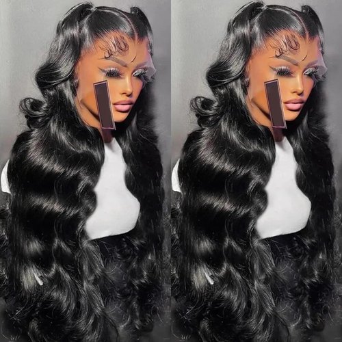 ANDRIA 13x4 HD Lace Front Wigs Body Wave Lace Frontal Wig Loose Wave Natural Black Glueless Lace Wigs with Baby Hair Pre Plucked Hairline Synthetic Heat Resistant Fiber Hair 200% Density 28 Inch Wig