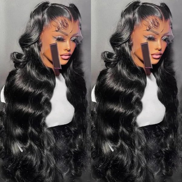 ANDRIA 13x4 HD Lace Front Wigs Body Wave Lace Frontal Wig Loose Wave Natural Black Glueless Lace Wigs with Baby Hair Pre Plucked Hairline Synthetic Heat Resistant Fiber Hair 200% Density 28 Inch Wig