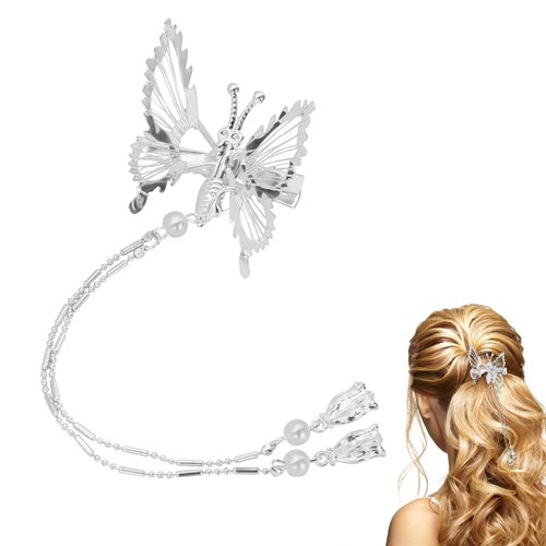 Dohia Tassel Butterfly Hair Clips Elegant Tassel Butterfly Hairpin Shiny Decorative Hair Barrettes Bride Wedding Valentines Prom Birthday Hairpin Accessories for Women and Girls ST3-HDLSFJ (silver)