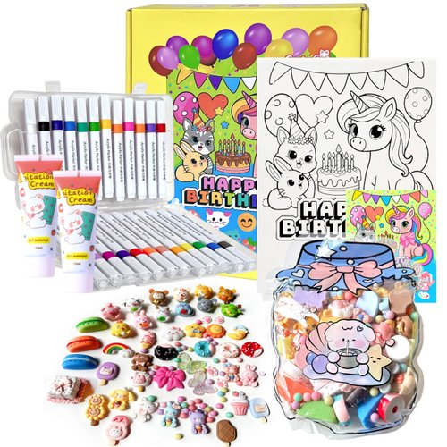 COOLORCAT Paint Pre-Drawn Canvas Cute Decoden 60+ Charms Craft Kit, 24 Acrylic Markers DlY Art Supplies Arts and Crafts for Kids Ages 6-12 Toys Girls Boys Birthday Gift (Birthday Party)